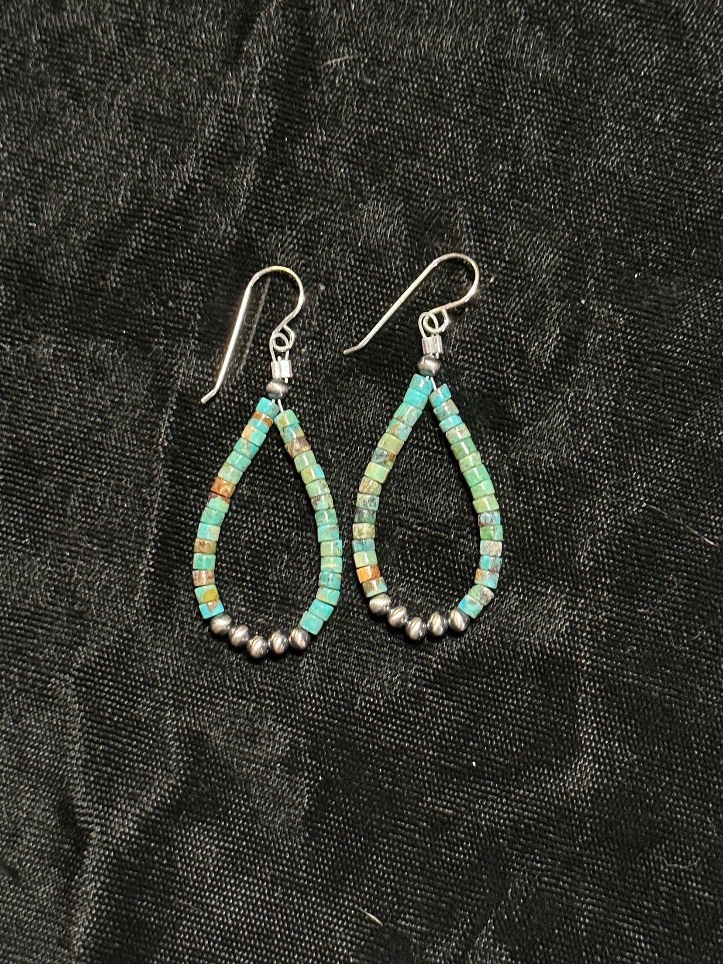 Turquoise Heishi Bead Teardrop Hoop Earrings with 3mm Silver Beads