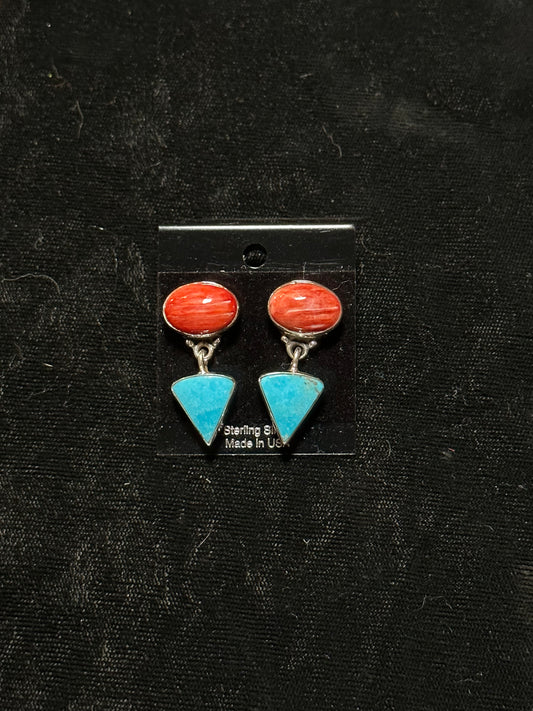 Red Spiny Oyster and Turquoise Dangle Earrings