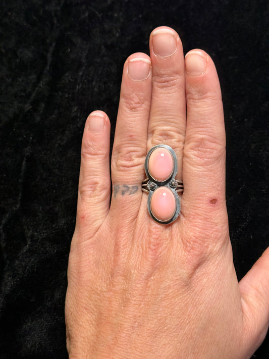 4.0 Pink Conch Shell Two-Stone Ring by Ned Nez, Navajo made