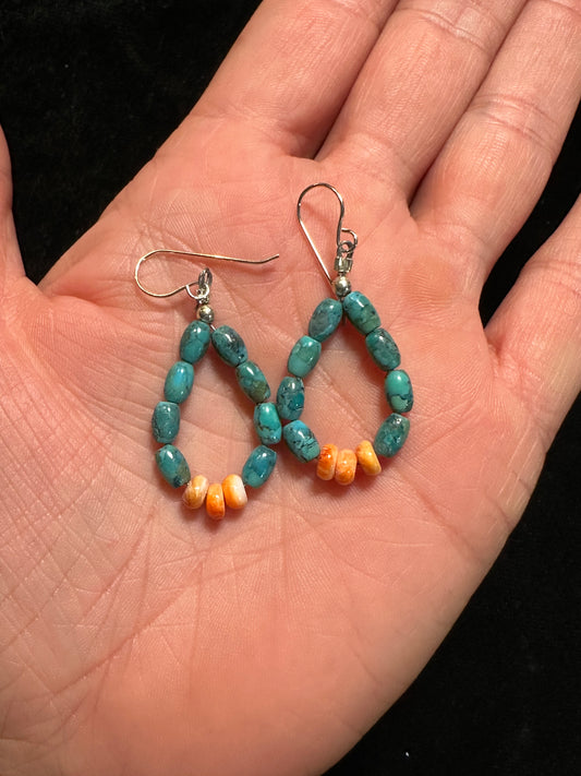 Kingman Turquoise & Spiny Oyster Hook Dangle Earrings