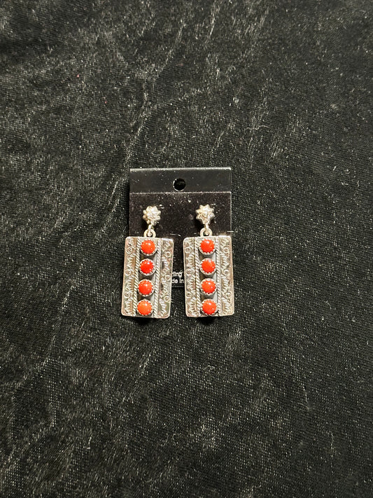 Red Coral and Sterling Silver Post Dangle Earrings by Zia