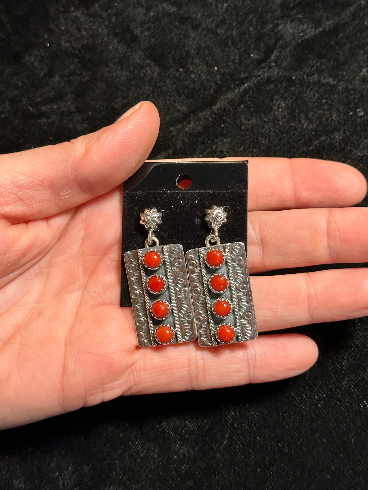 Red Coral and Sterling Silver Post Dangle Earrings by Zia