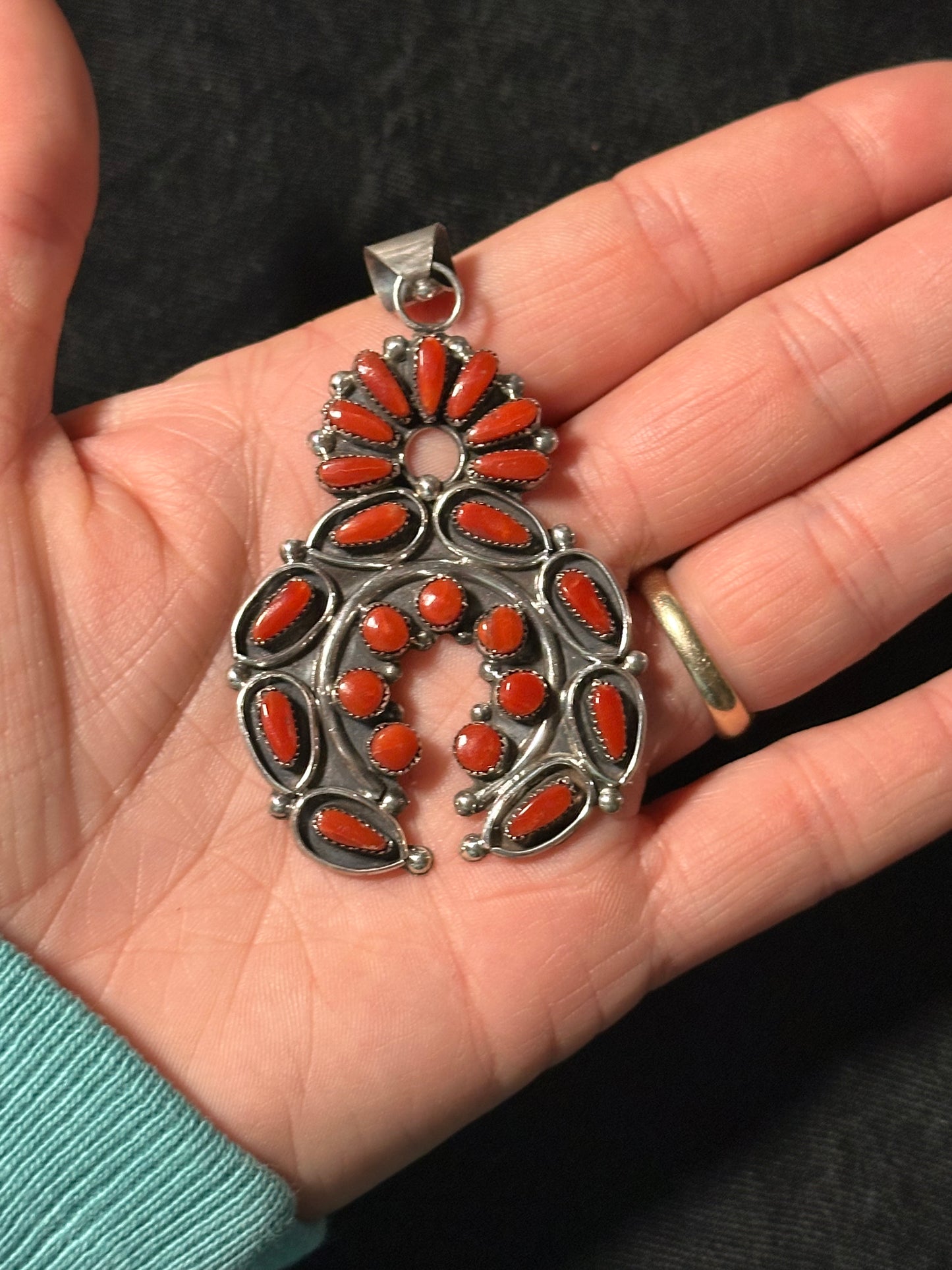 Red Coral Naja Pendant by Violet & Jeffery Begay, Navajo (6.5 bale)