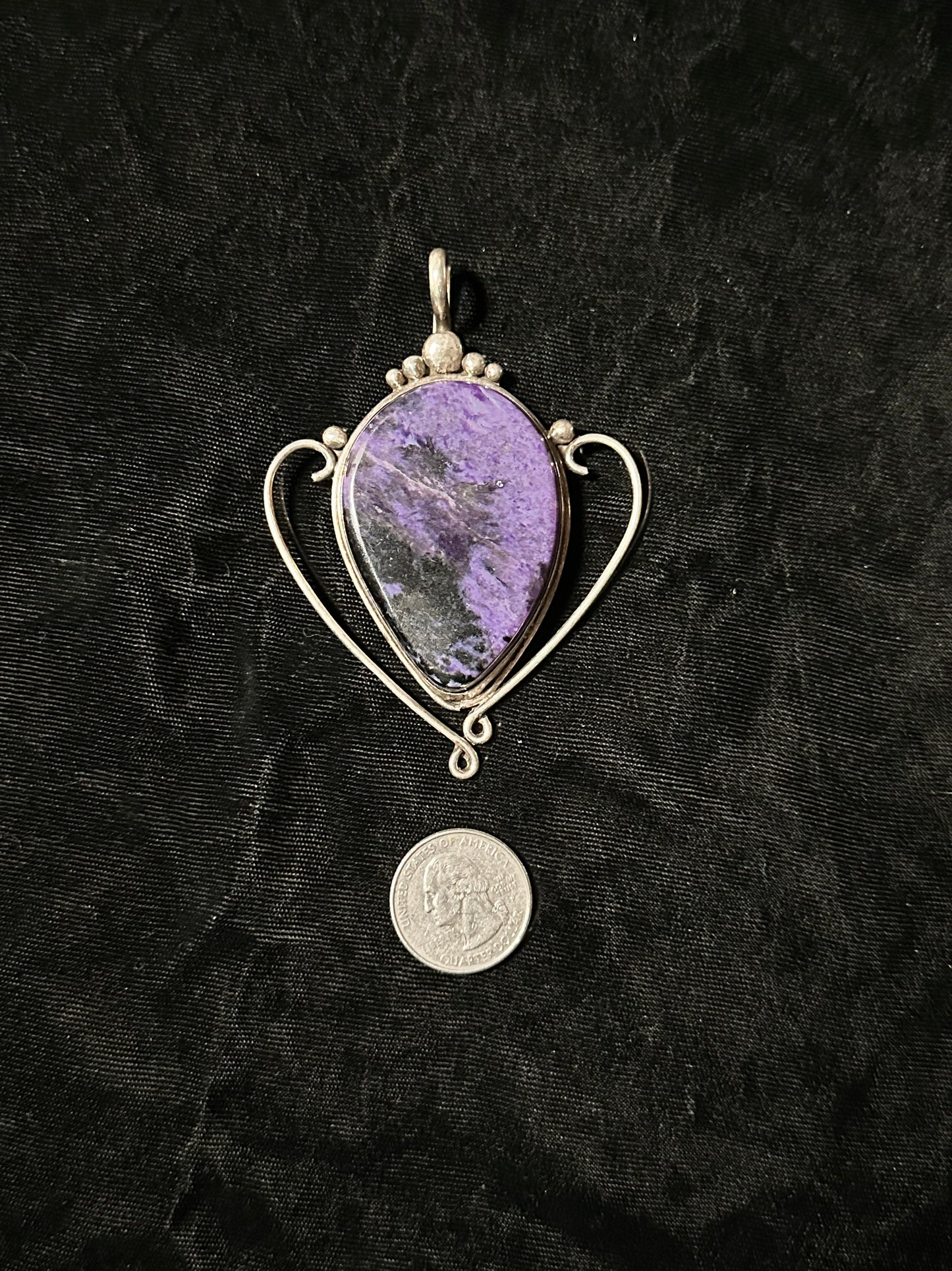 Vintage Charoite Pendant by DEU, made in Santa Fe (Shepherd’s hook bale)