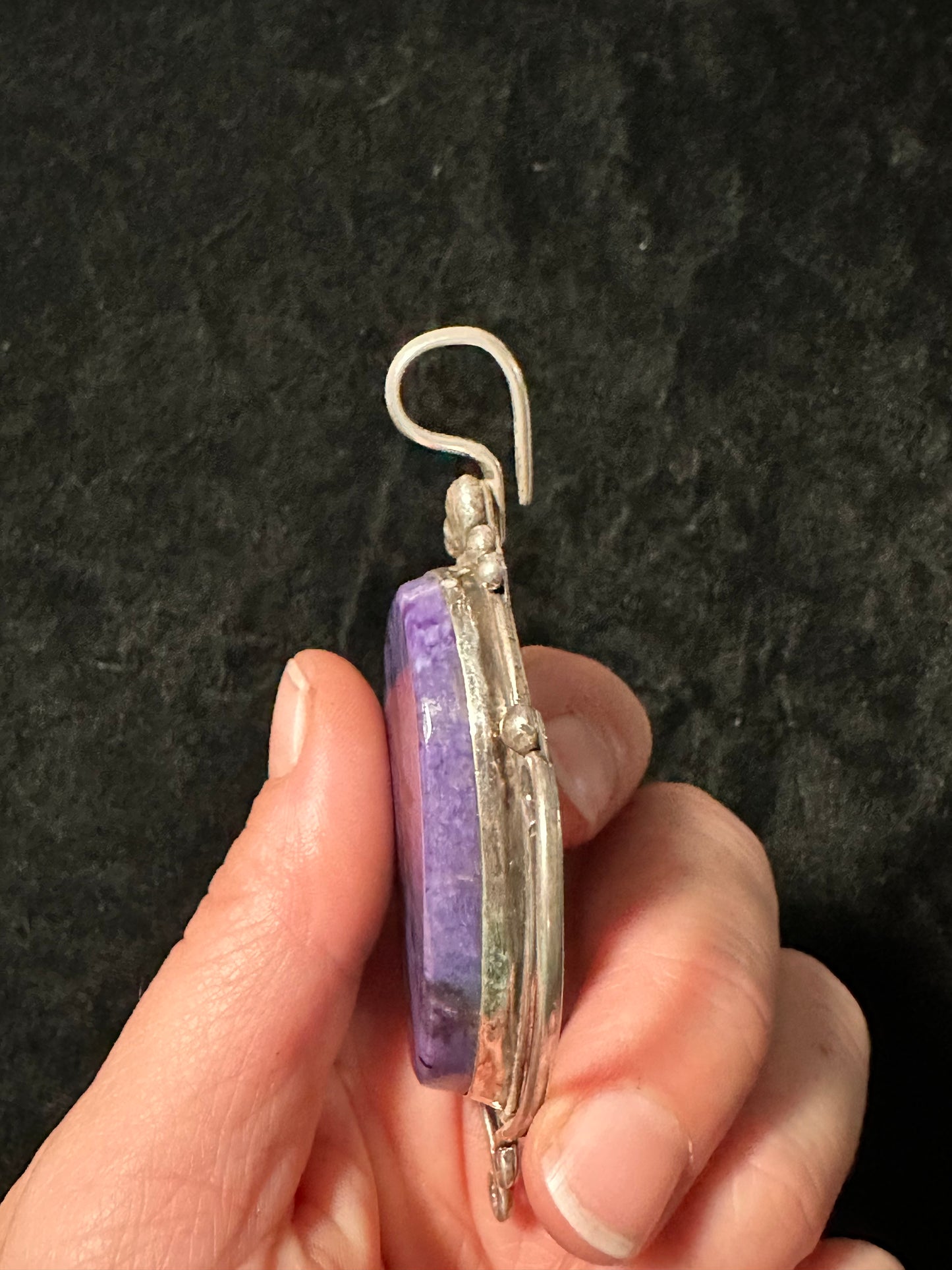 Vintage Charoite Pendant by DEU, made in Santa Fe (Shepherd’s hook bale)