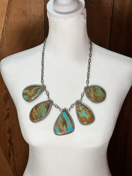 20" Boulder Turquoise 5 Stone Necklace by Calvin Delgarito, Navajo made