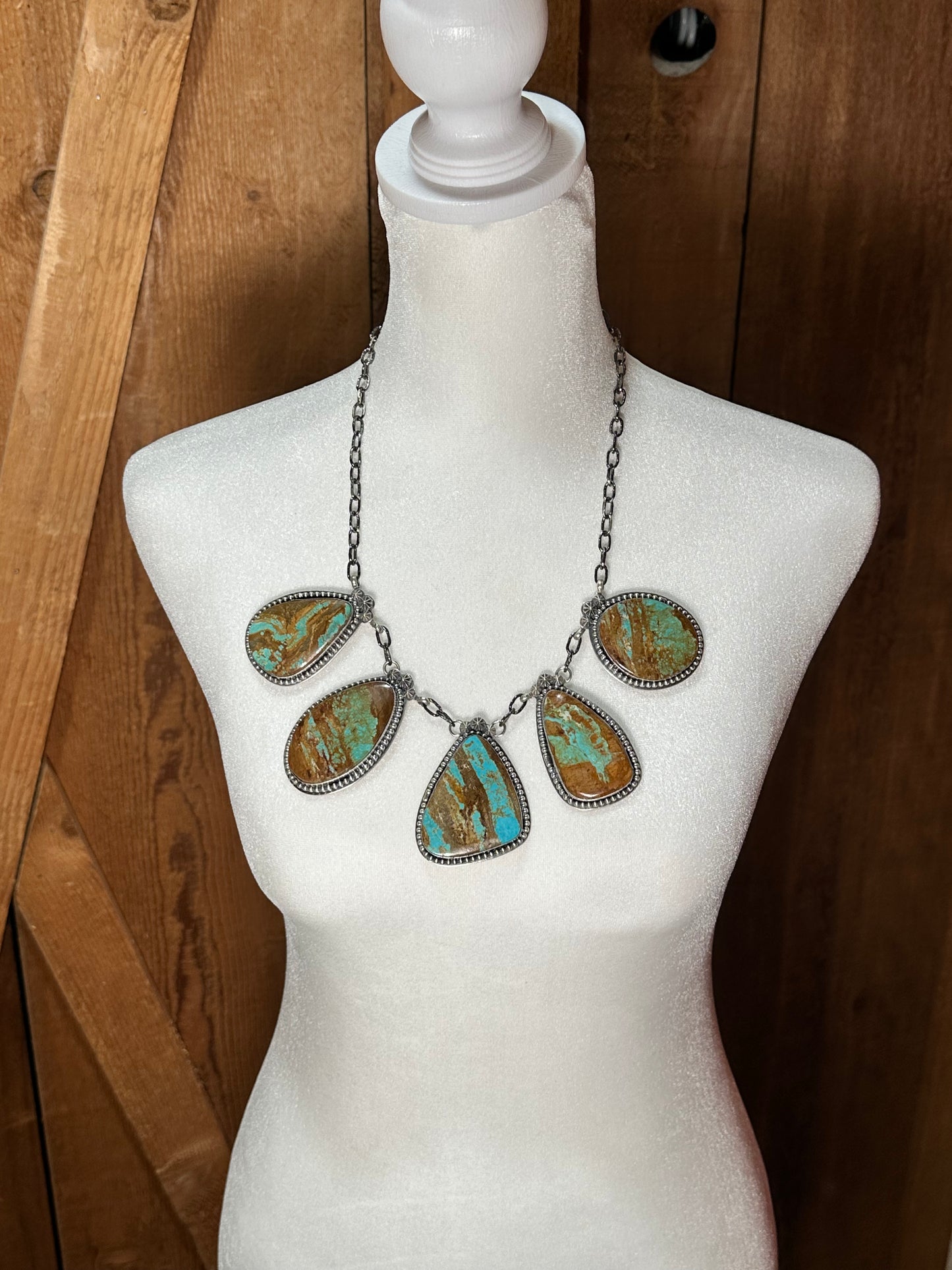 20" Boulder Turquoise 5 Stone Necklace by Calvin Delgarito, Navajo made