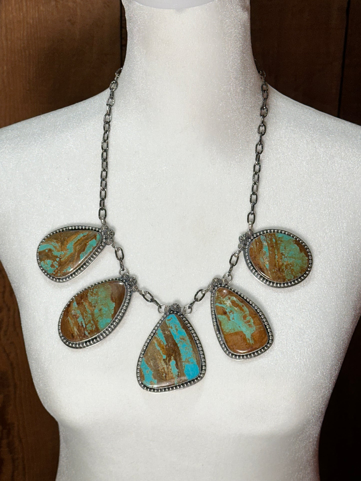 20" Boulder Turquoise 5 Stone Necklace by Calvin Delgarito, Navajo made