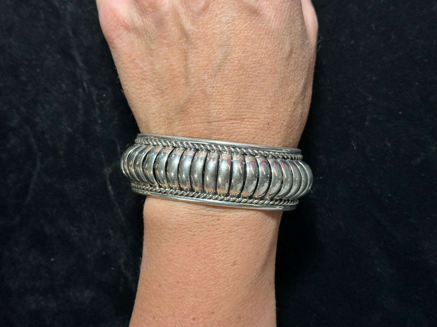 Marked M. Shrimp Tail Silver Cuff, Navajo made