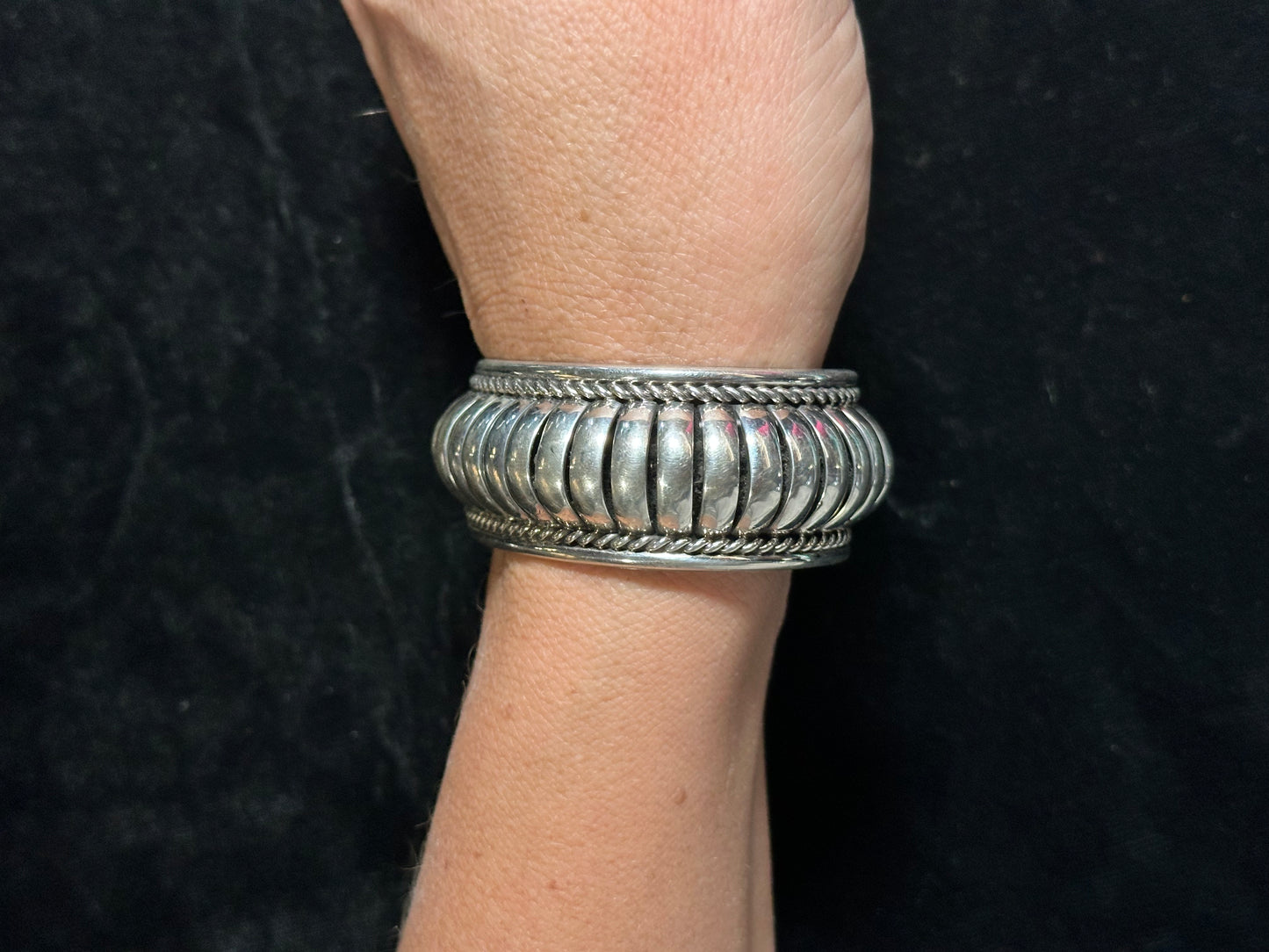 Marked M. Shrimp Tail Silver Cuff, Navajo made