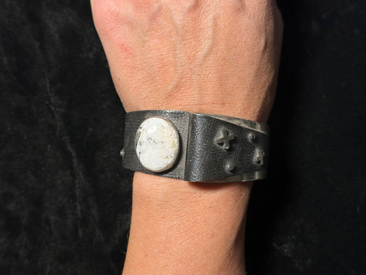 7" White Buffalo and Sterling Silver Design Cuff by L. James, Navajo made