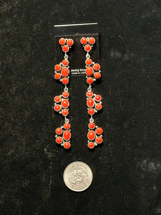 Red Coral Cluster Post Dangle Earrings