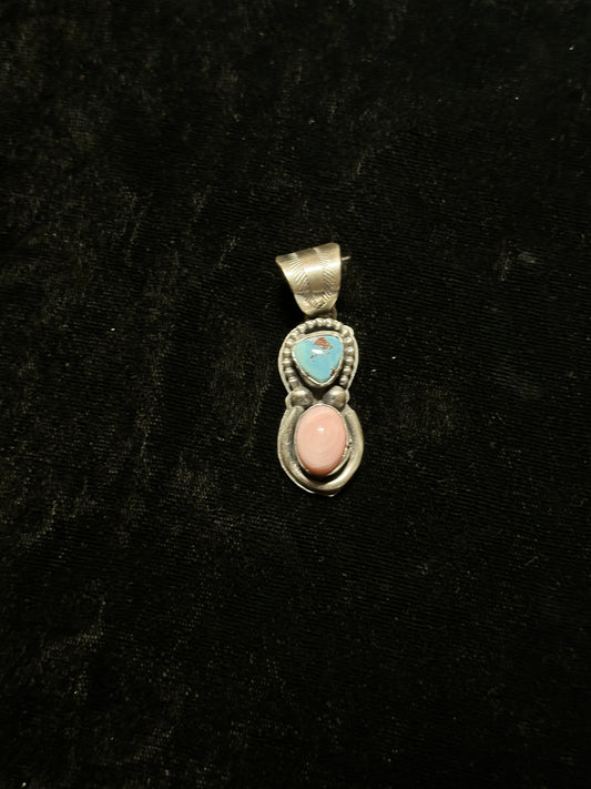 Pink Conch Shell and Golden Hill Turquoise Pendant By Boyd Ashley Navajo