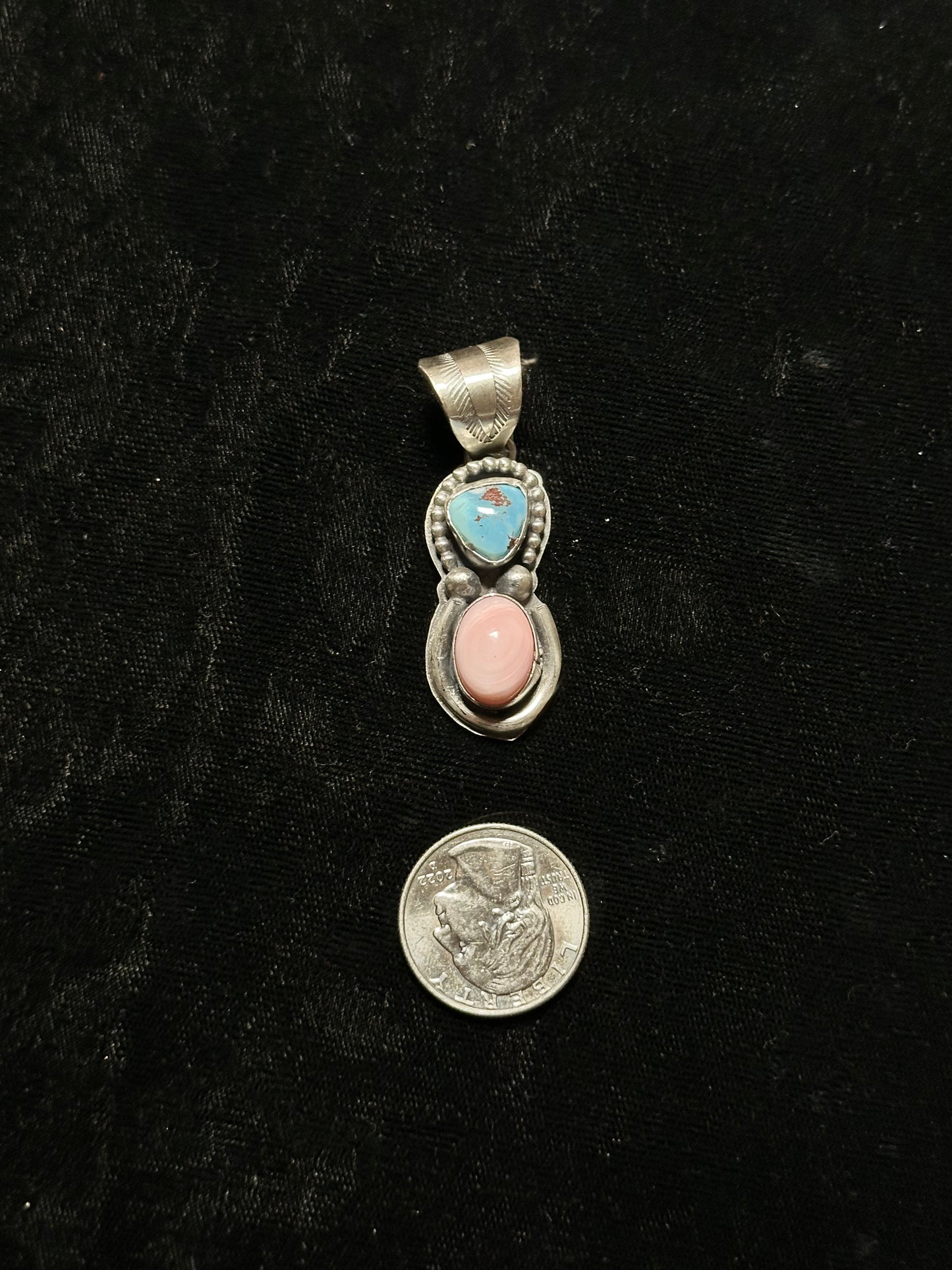 Pink Conch Shell and Golden Hill Turquoise Pendant By Boyd Ashley Navajo