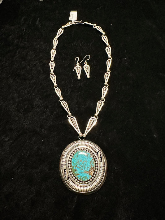 18" High Grade Kingman Turquoise Necklace and Earrings Set by Johnathan Nez, Navajo