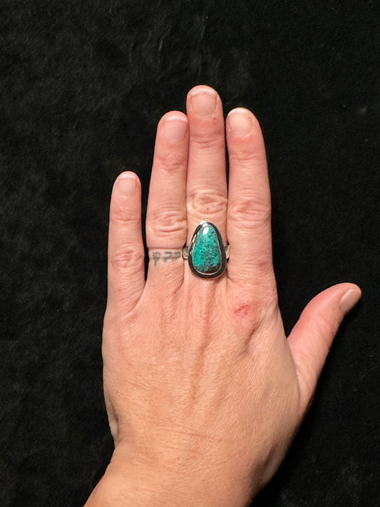 9.5 Kingman Turquoise Ring with Silver Overlay Band by Marie Jackson, Navajo