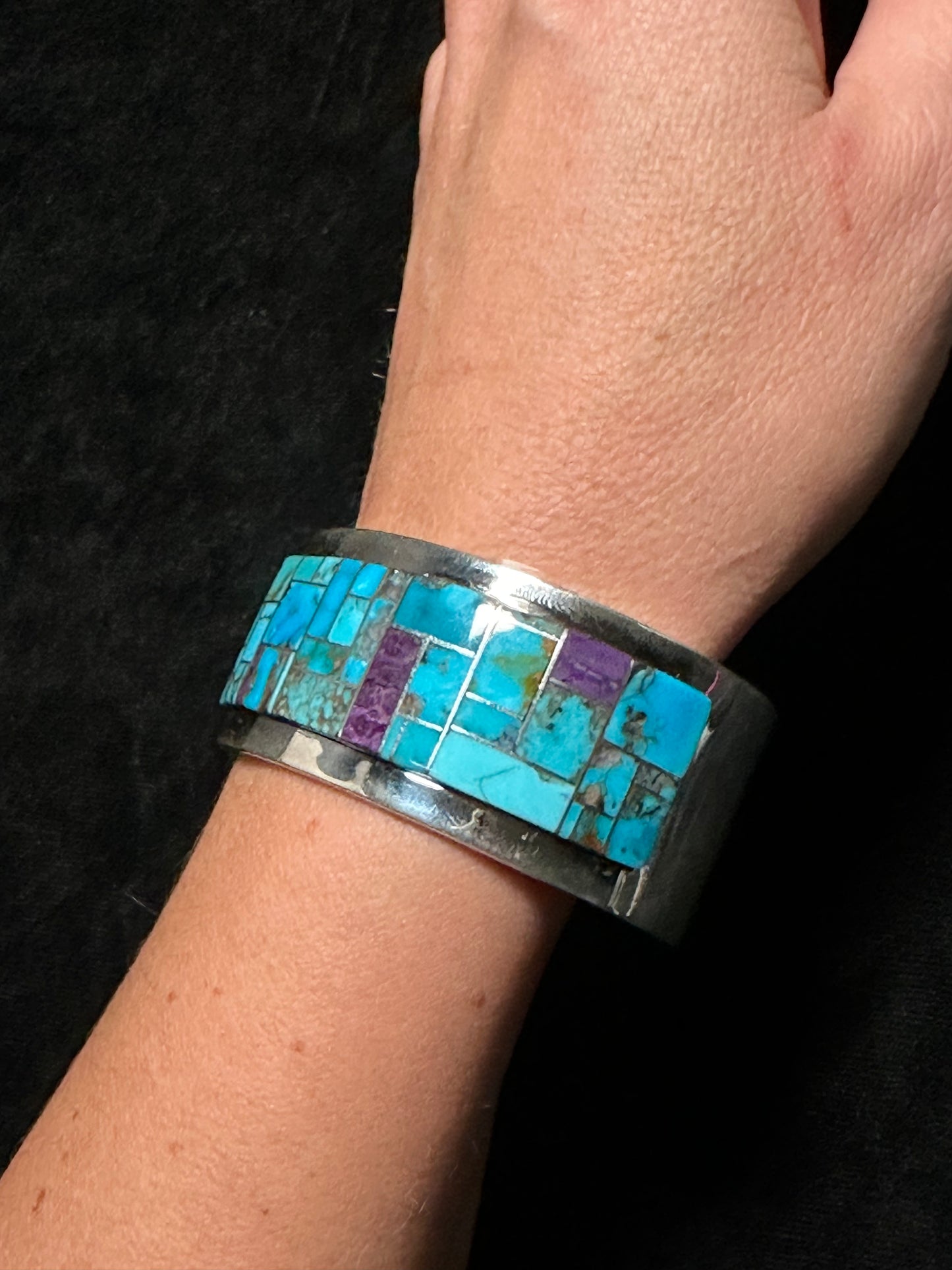 Bisbee Turquoise and Sugilite Inlay Cuff Bracelet By Tommy Jackson, Navajo