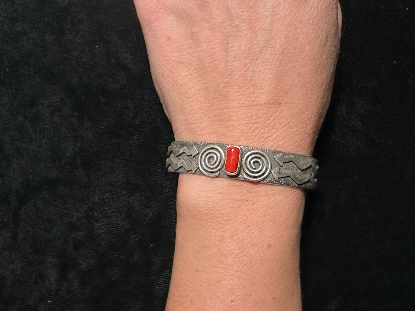 6 1/2” Cuff with Coral Stone and Silver Overlay by Alex Sanchez, Navajo