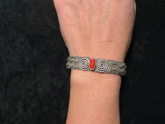 6 1/2” Cuff with Coral Stone and Silver Overlay by Alex Sanchez, Navajo