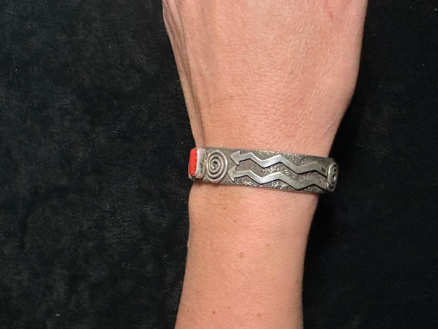 6 1/2” Cuff with Coral Stone and Silver Overlay by Alex Sanchez, Navajo