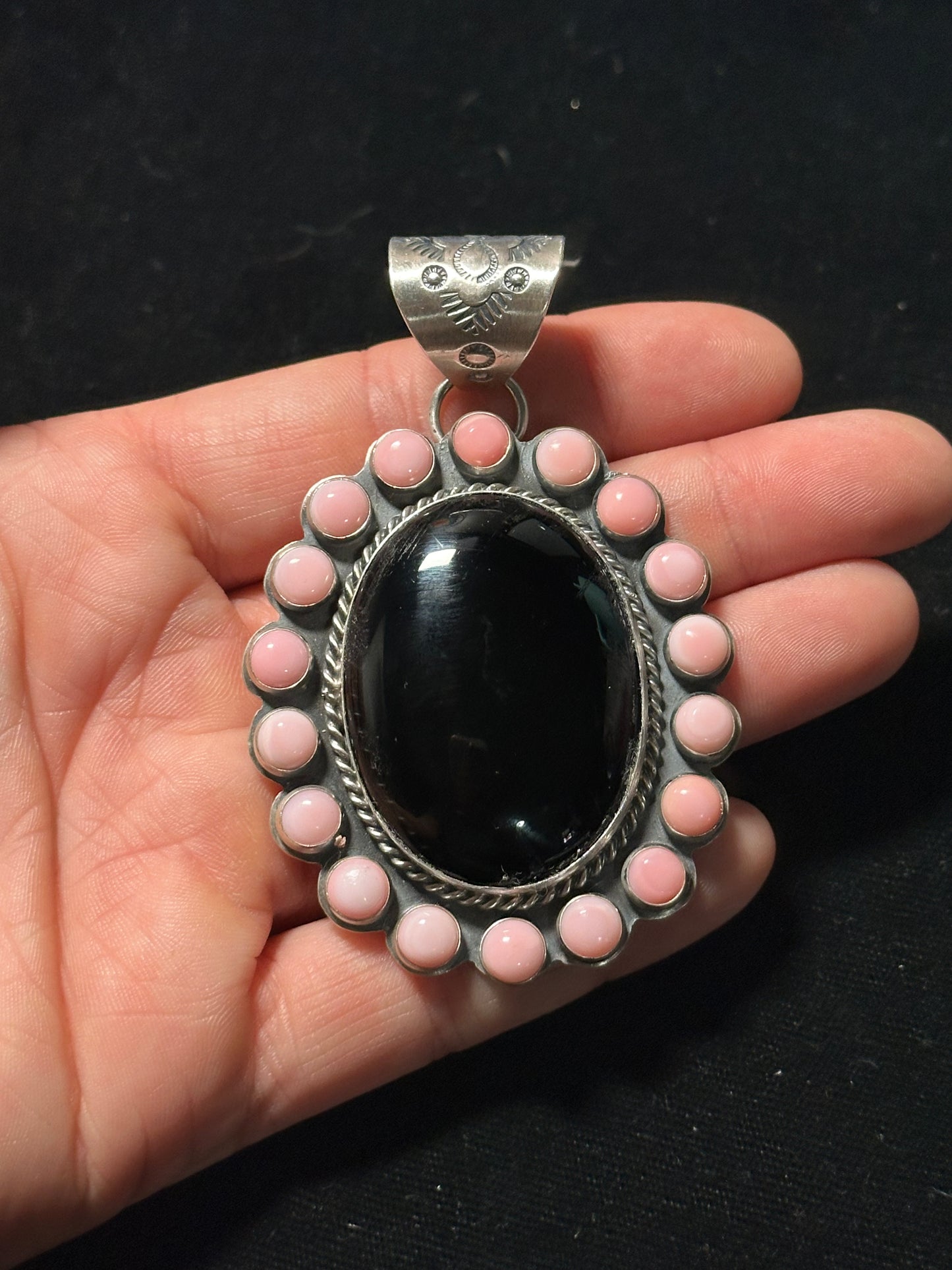 Black Onyx and Pink Conch Shell Cluster Pendant By Calvin Delgarito, Navajo