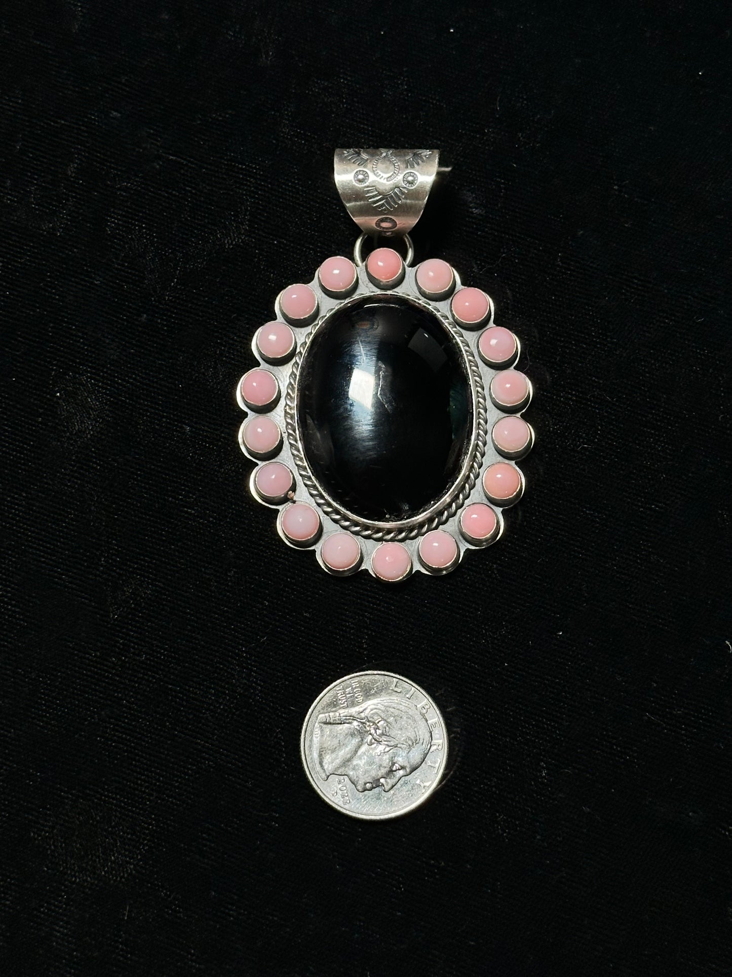 Black Onyx and Pink Conch Shell Cluster Pendant By Calvin Delgarito, Navajo