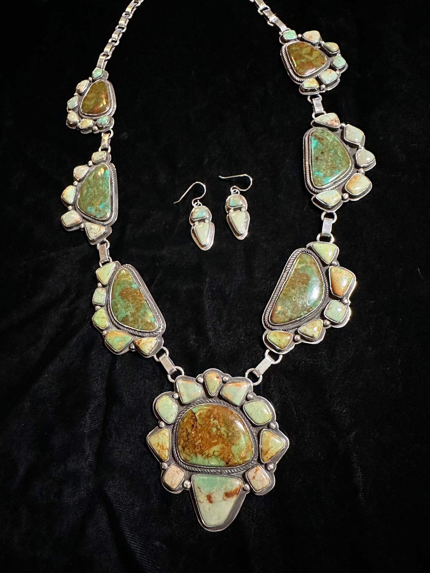 27" Hachita Turquoise and Old Kings Manassa Necklace and Earring By Tommy Jackson, Navajo