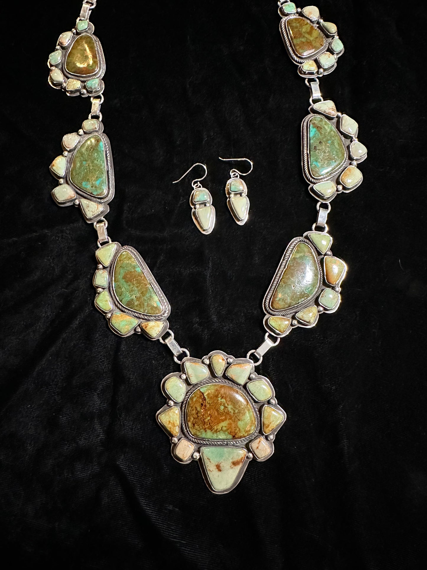 27" Hachita Turquoise and Old Kings Manassa Necklace and Earring By Tommy Jackson, Navajo