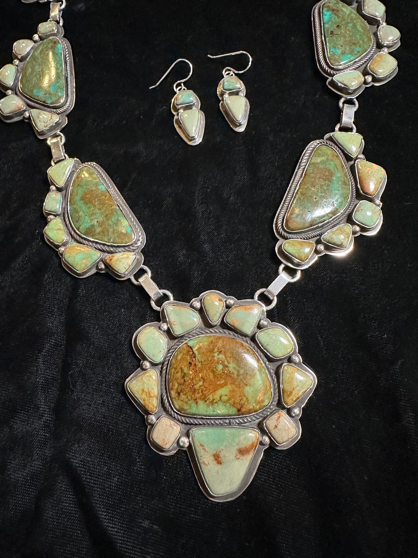 27" Hachita Turquoise and Old Kings Manassa Necklace and Earring By Tommy Jackson, Navajo