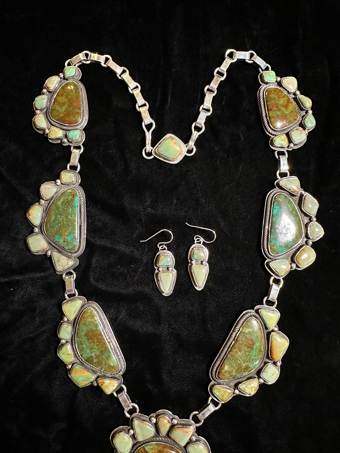 27" Hachita Turquoise and Old Kings Manassa Necklace and Earring By Tommy Jackson, Navajo