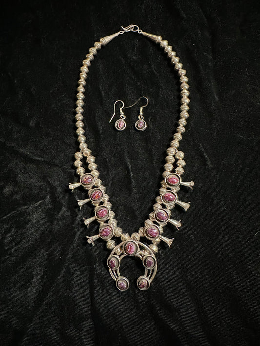 16" Purple Spiny Oyster Squash Blossom Necklace and Dangle Earrings By Phil Garcia, Navajo