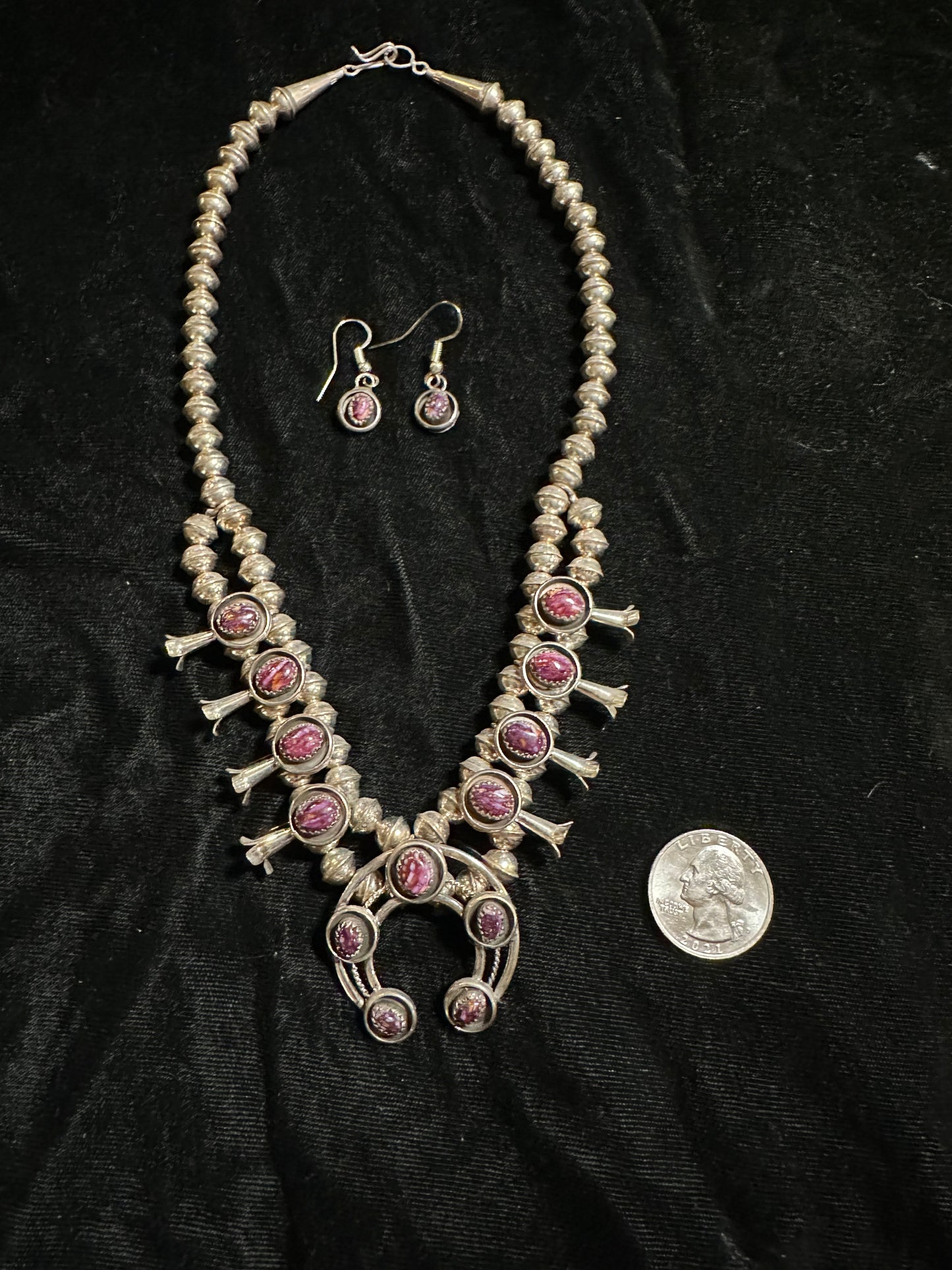 16" Purple Spiny Oyster Squash Blossom Necklace and Dangle Earrings By Phil Garcia, Navajo