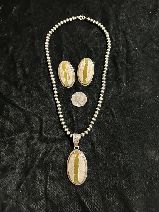 20" 6mm Navajo Pearls Necklace with Boulder Ribbon Pendant and Earrings By Tommy Jackson, Navajo