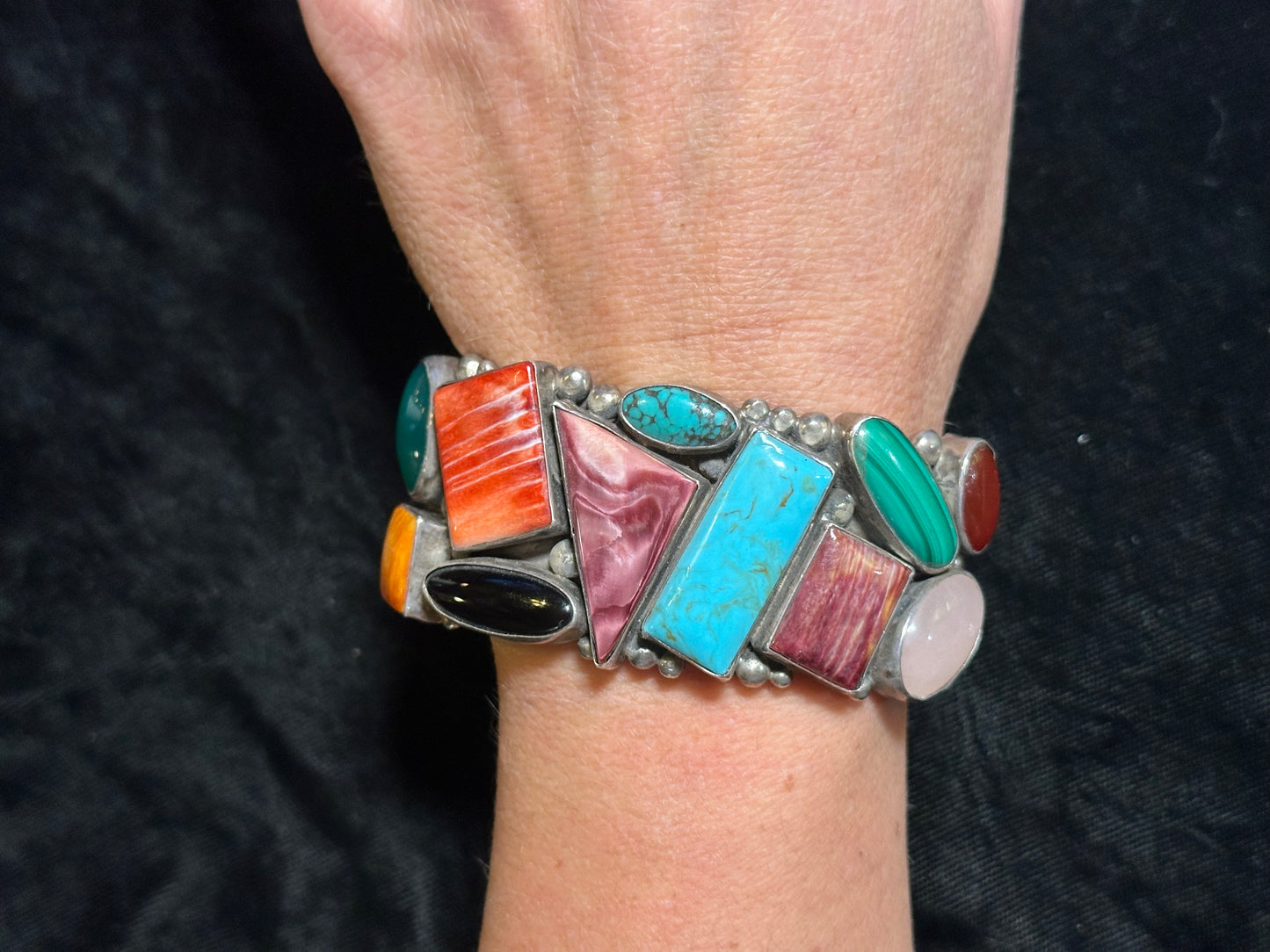 Spiny Oyster Shell, Turquoise, and Malachi Cluster Bracelet 6-3/4