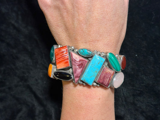 Spiny Oyster Shell, Turquoise, and Malachite Multi Stone Cluster Bracelet, Navajo