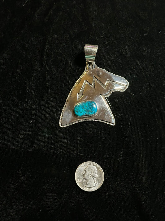 Sterling Silver Horse Head Pendant with Bisbee Turquoise by Marie Jackson, Navajo