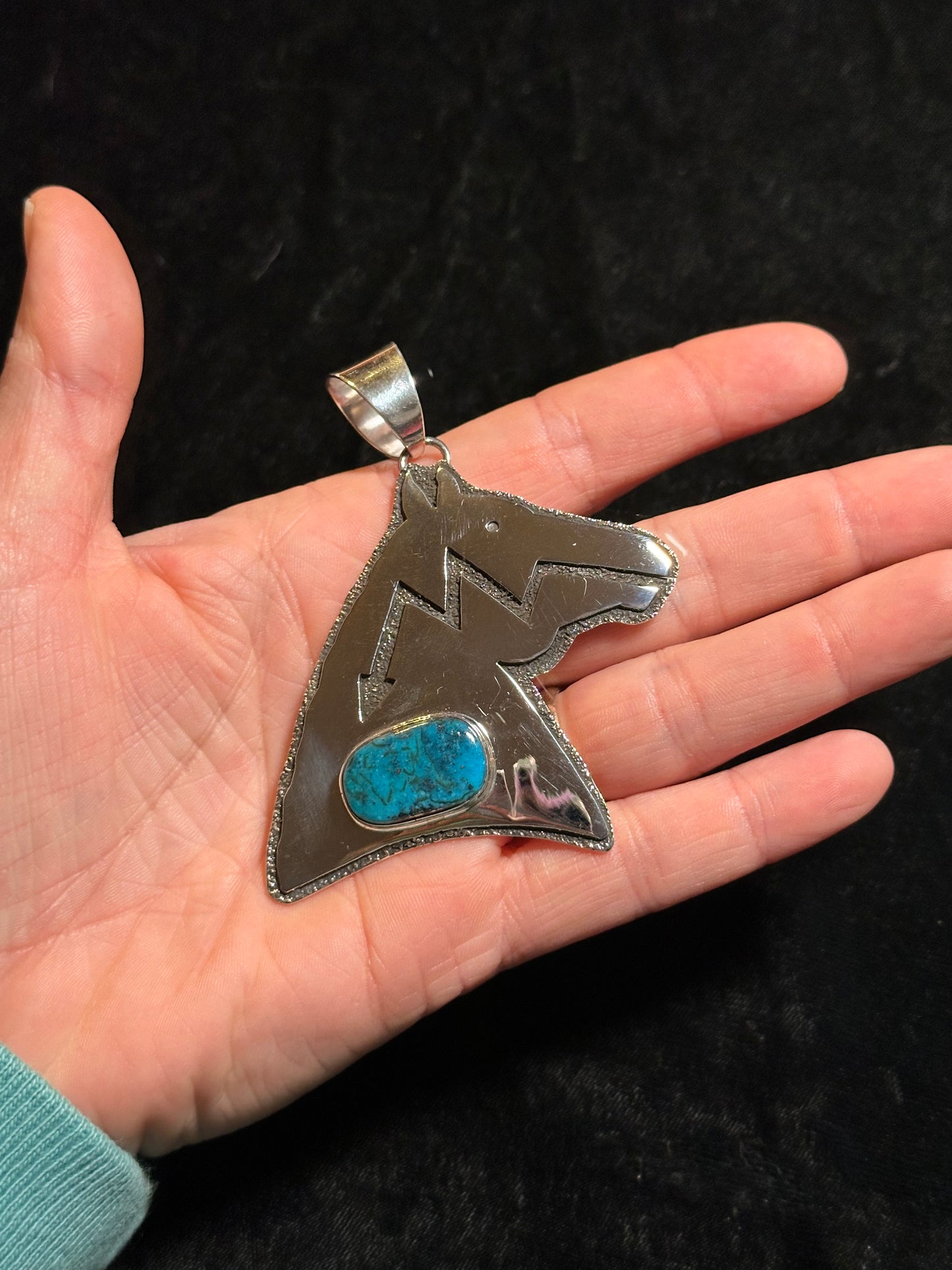 Sterling Silver Horse Head Pendant with Bisbee Turquoise by Marie Jackson, Navajo