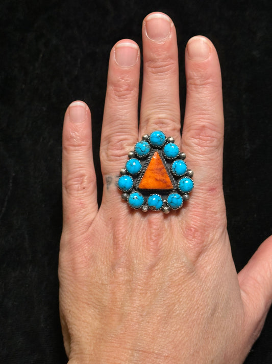 7.5 Sand Cast and Sleeping Beauty Turquoise Ring by Kevin Billah, Navajo