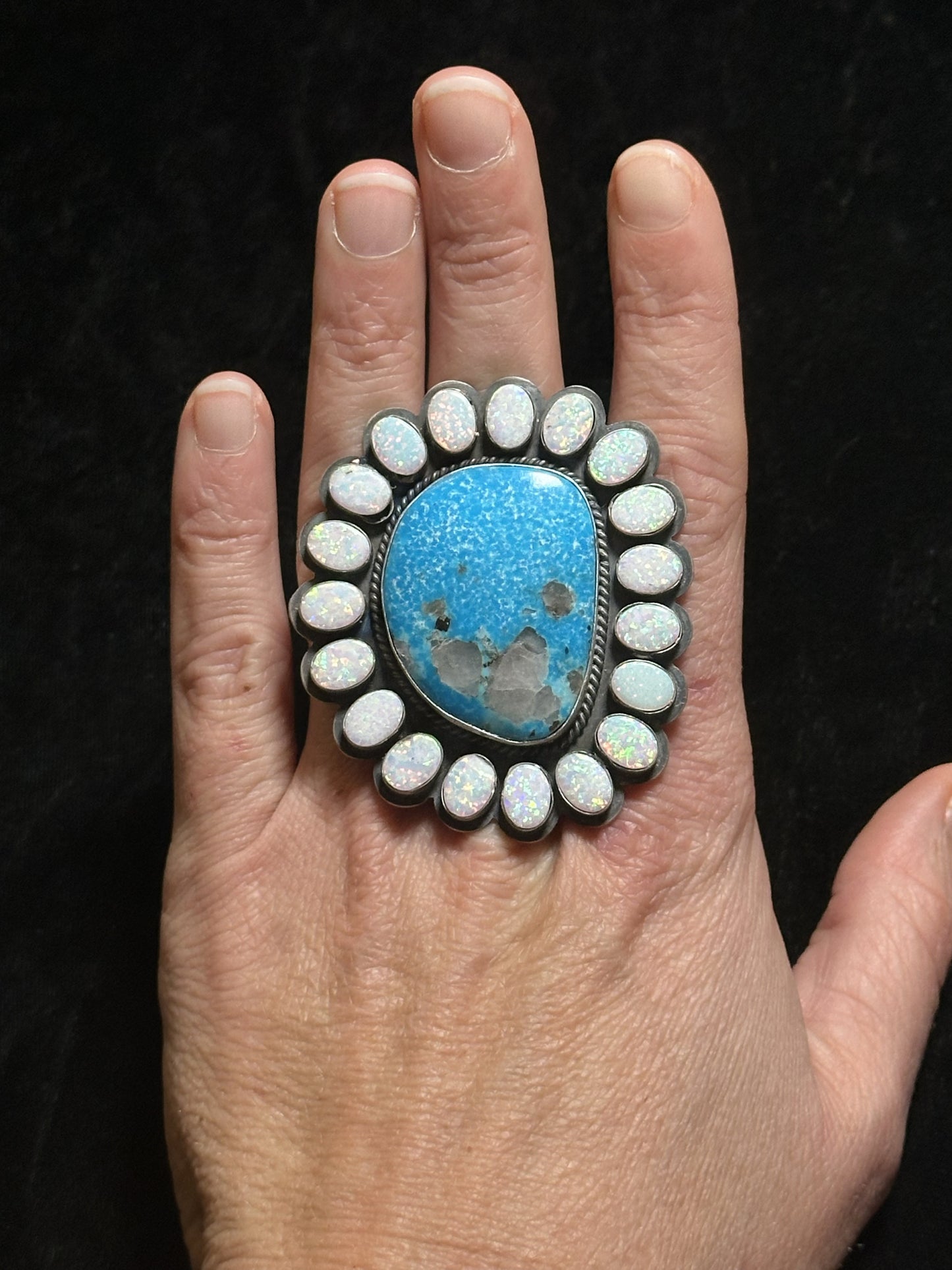 12.0 Kingman Turquoise Ring with Opal Stones by Zia