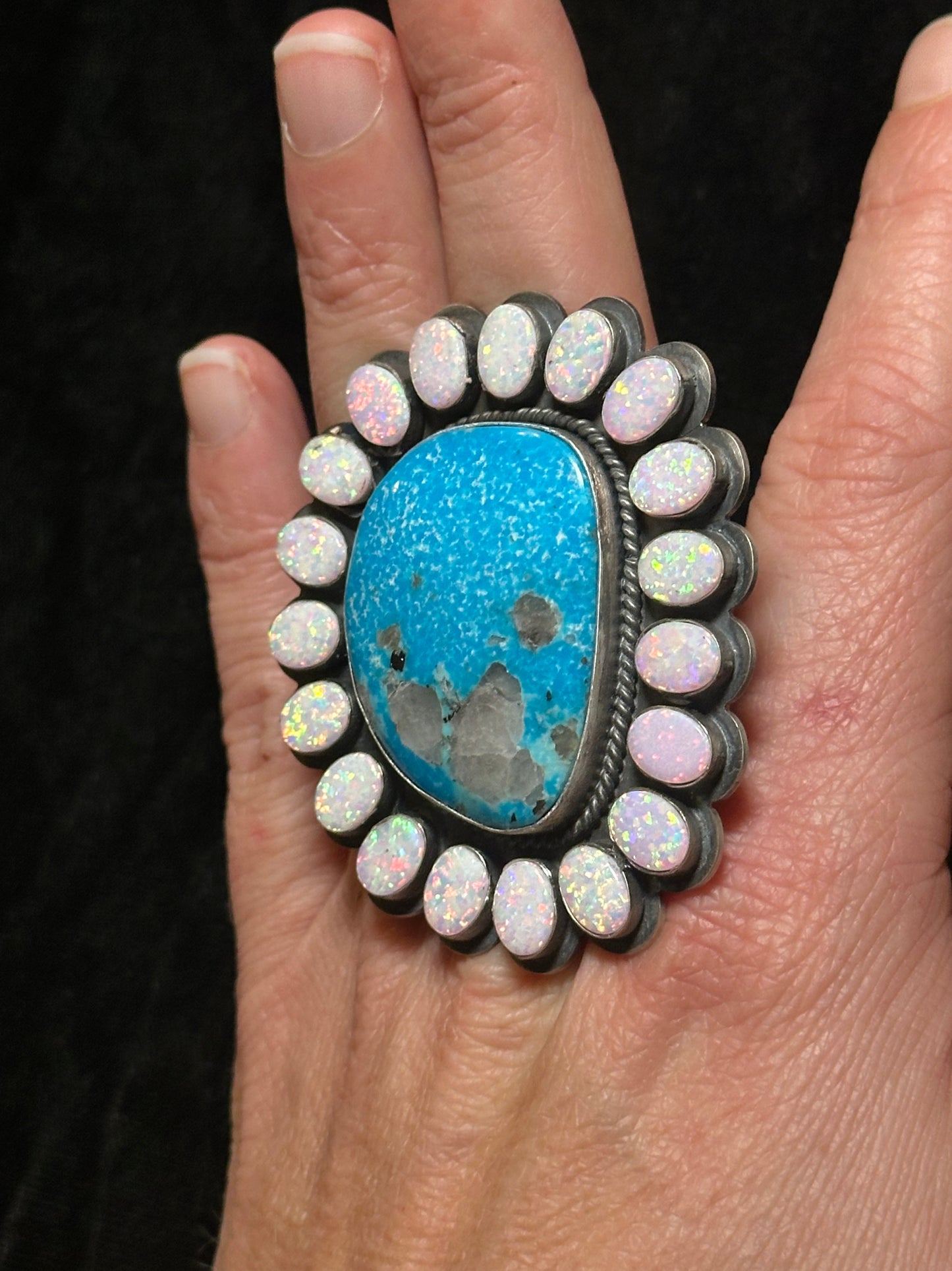 12.0 Kingman Turquoise Ring with Opal Stones by Zia