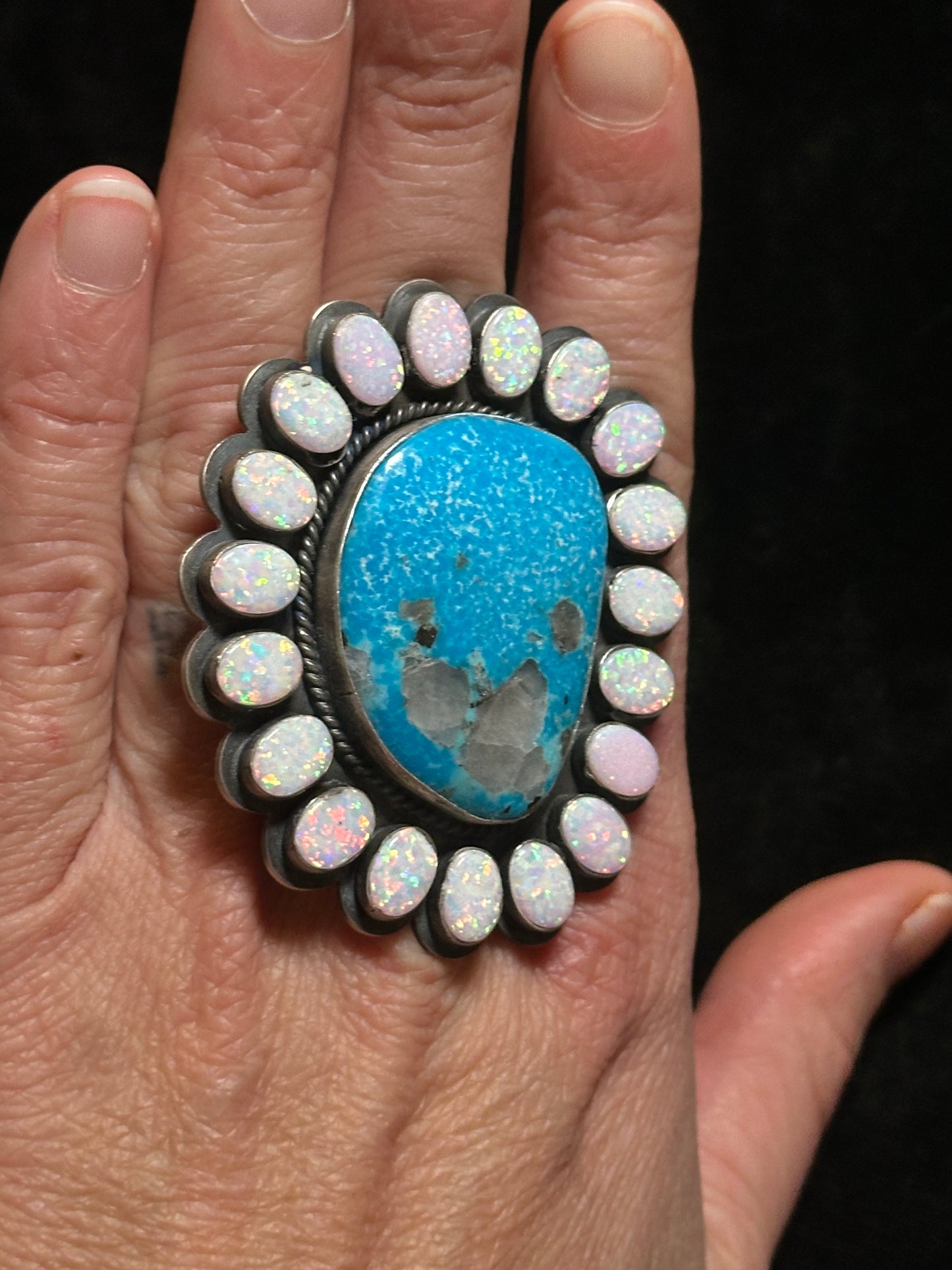 12.0 Kingman Turquoise Ring with Opal Stones by Zia