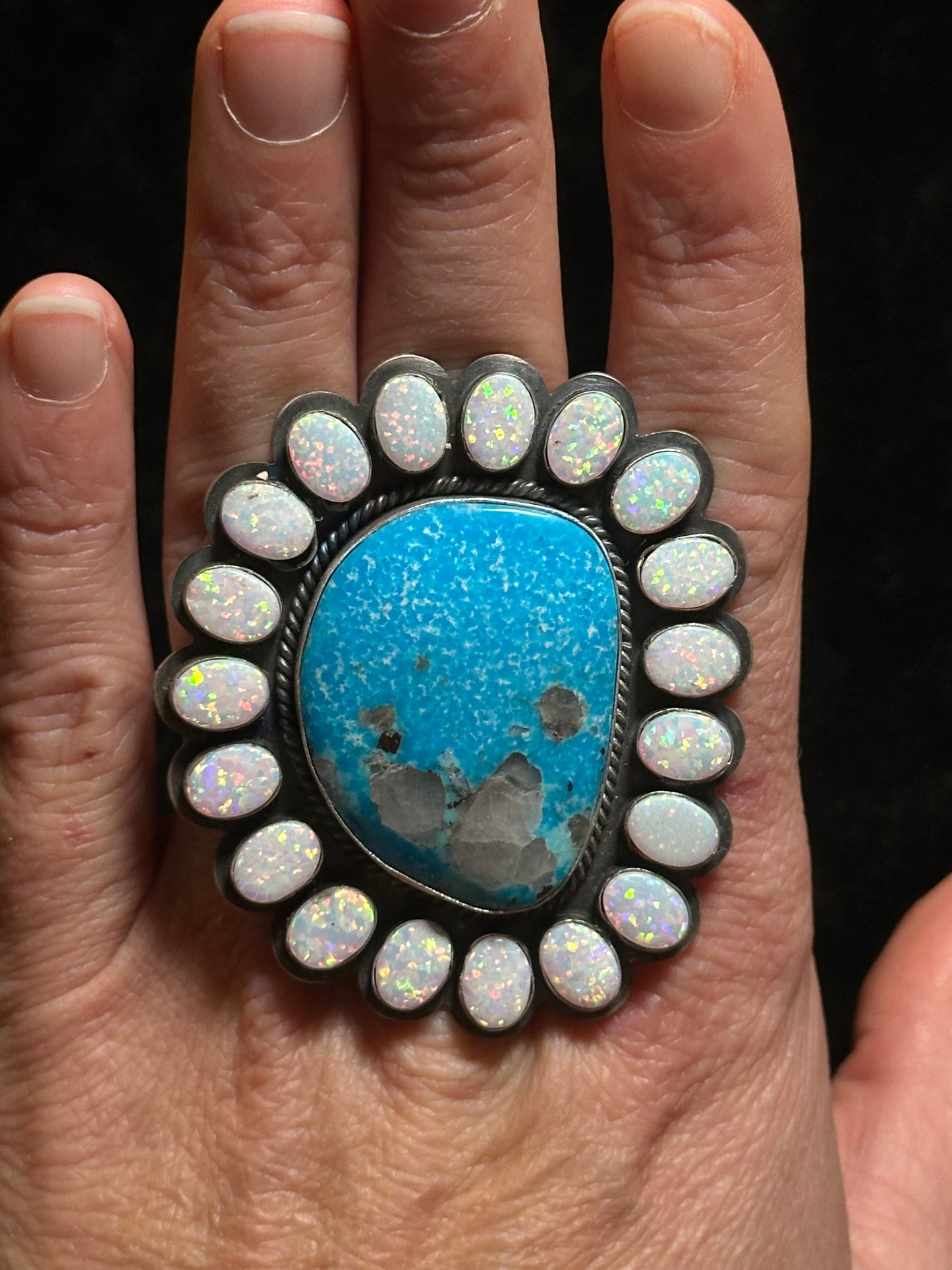 12.0 Kingman Turquoise Ring with Opal Stones by Zia
