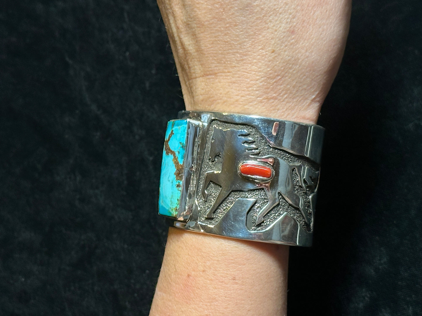 Kingman Turquoise and Red Coral Horse Cuff by Marie Jackson, Navajo