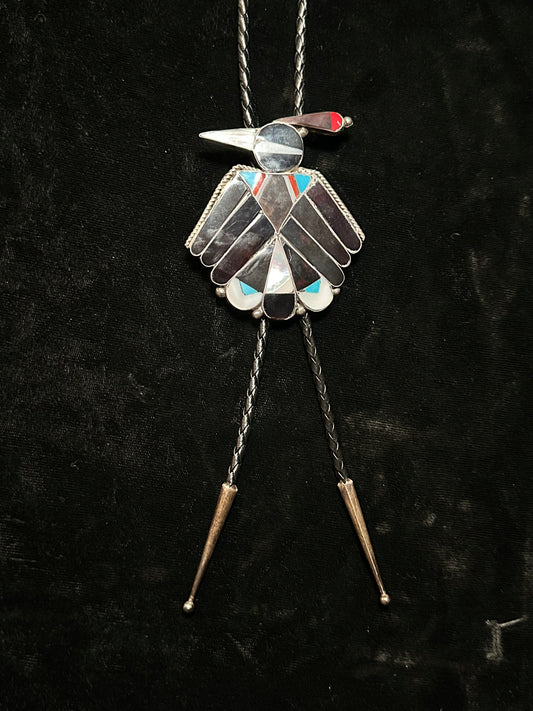 Inlay Black Onyx, Red Coral, and Mother of Pearl Bird Bolo Tie, Zuni