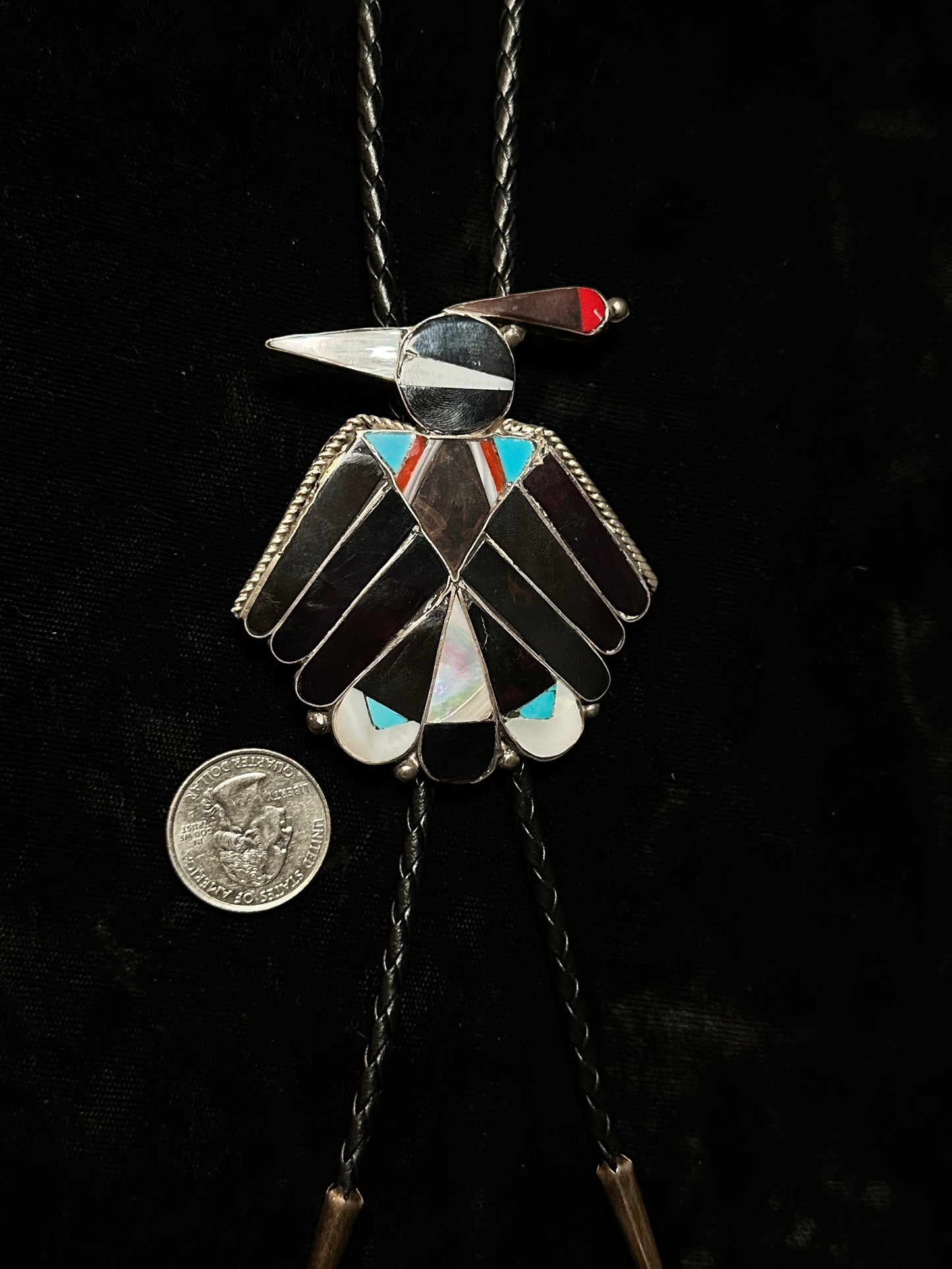 Inlay Black Onyx, Red Coral, and Mother of Pearl Bird Bolo Tie, Zuni