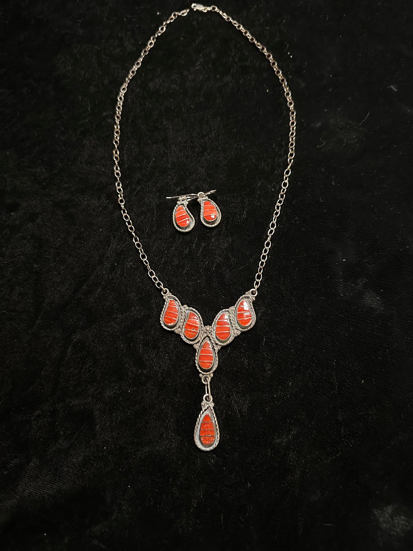 20"+1 1/2" Red Coral Necklace and Earring Set, Zuni