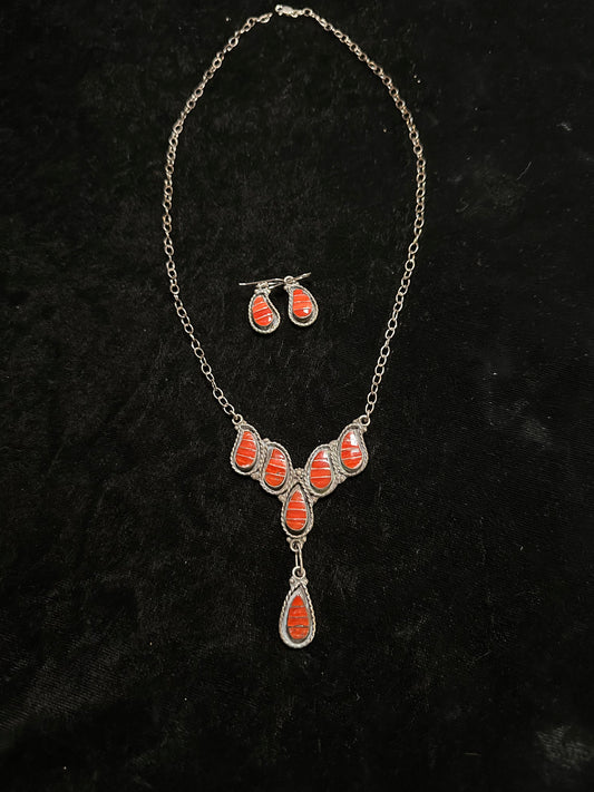20"+1 1/2" Red Coral Necklace and Earring Set, Zuni