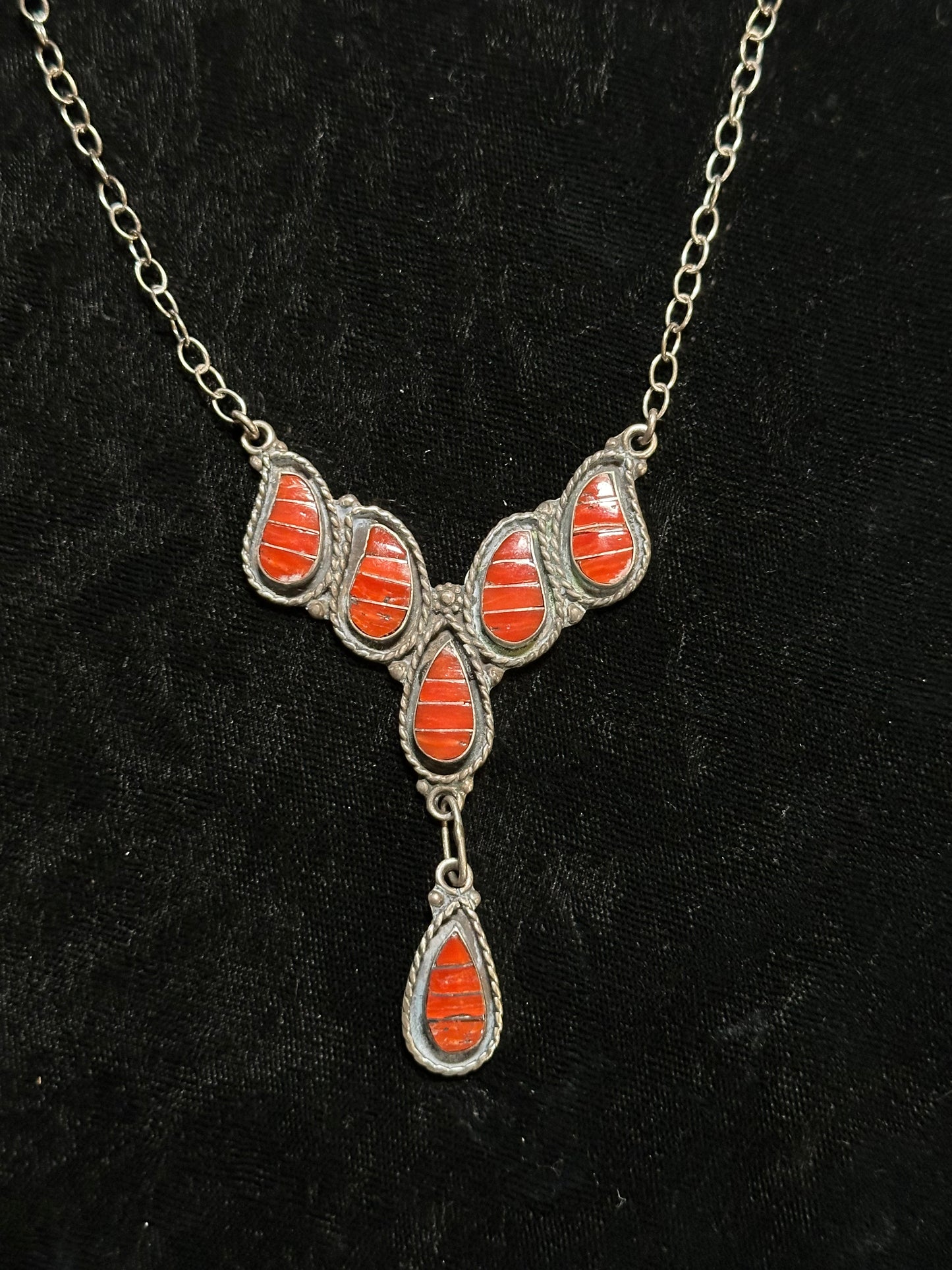 20"+1 1/2" Red Coral Necklace and Earring Set, Zuni