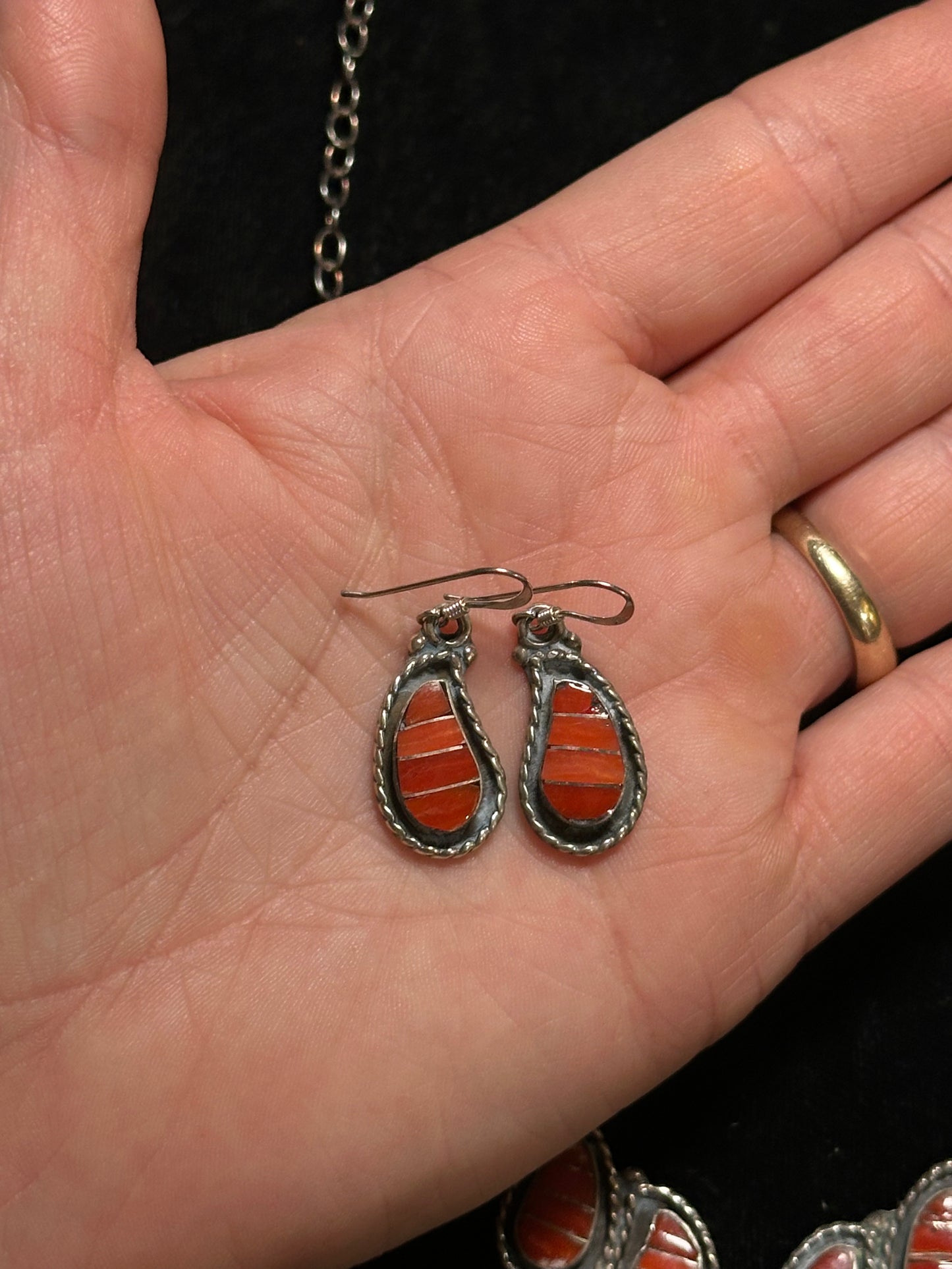 20"+1 1/2" Red Coral Necklace and Earring Set, Zuni