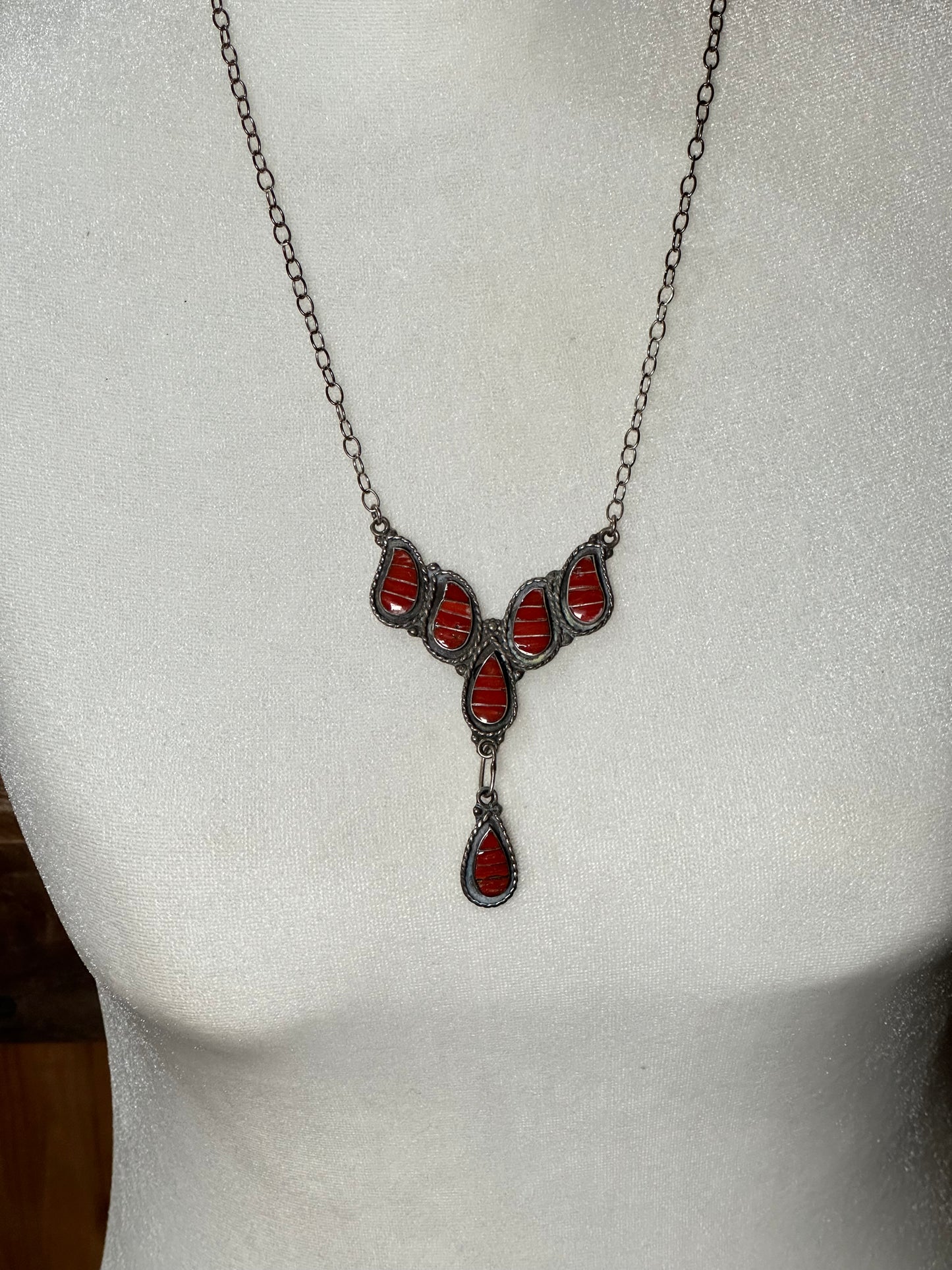 20"+1 1/2" Red Coral Necklace and Earring Set, Zuni